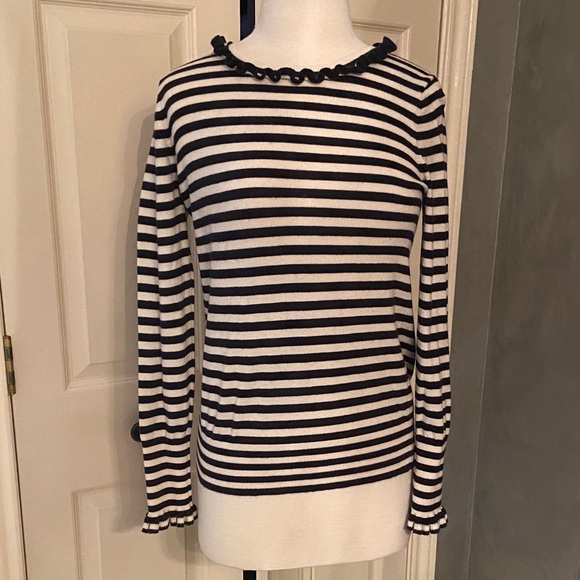 Boden Bernadette Striped Navy and White Ruffle Trim Sweater Size 10 - Picture 6 of 14